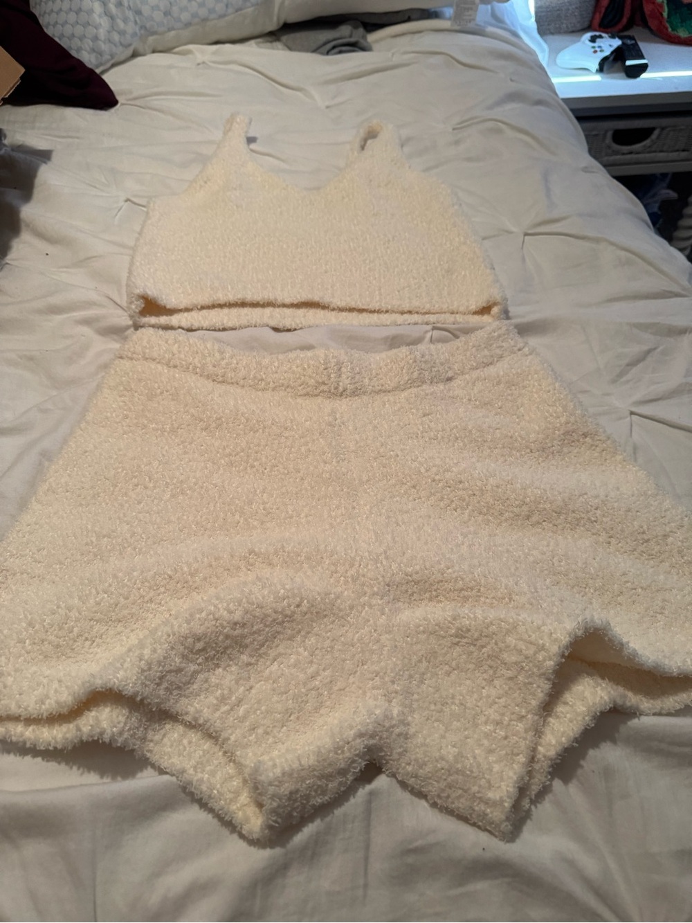 Amazon Cream Fuzzy Tank Crop Top & Shorts Loungewear Set